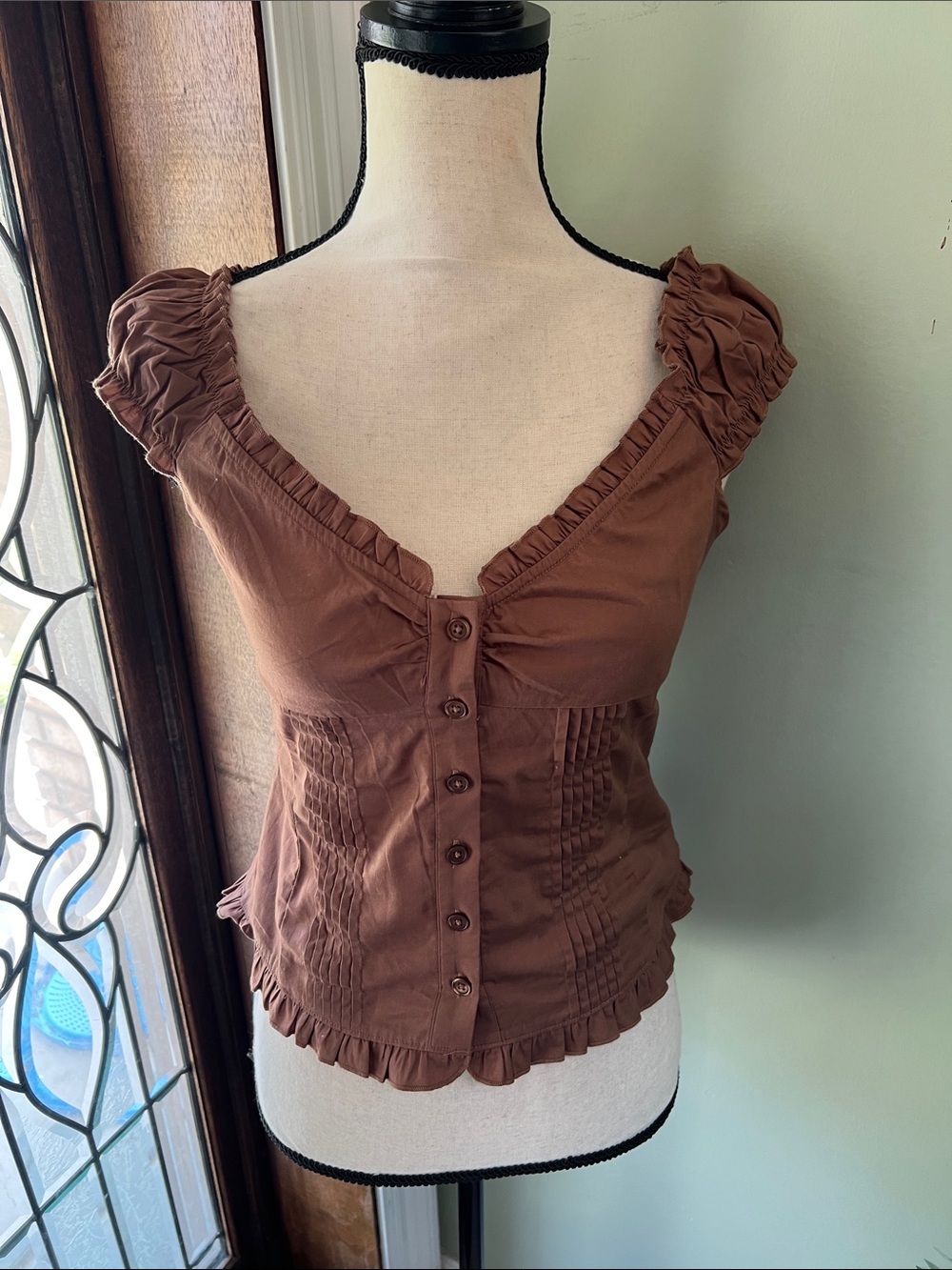 Ruffled Brown Button-Front Women's Blouse
